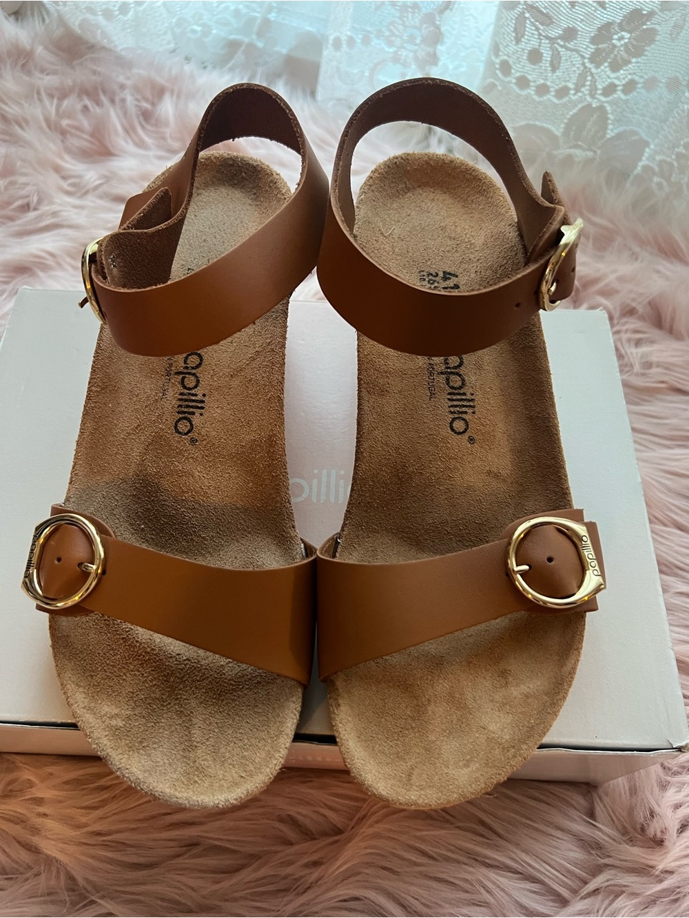 Papillio Birkenstock Cognac Leather Buckle Sandals Size 41 EU